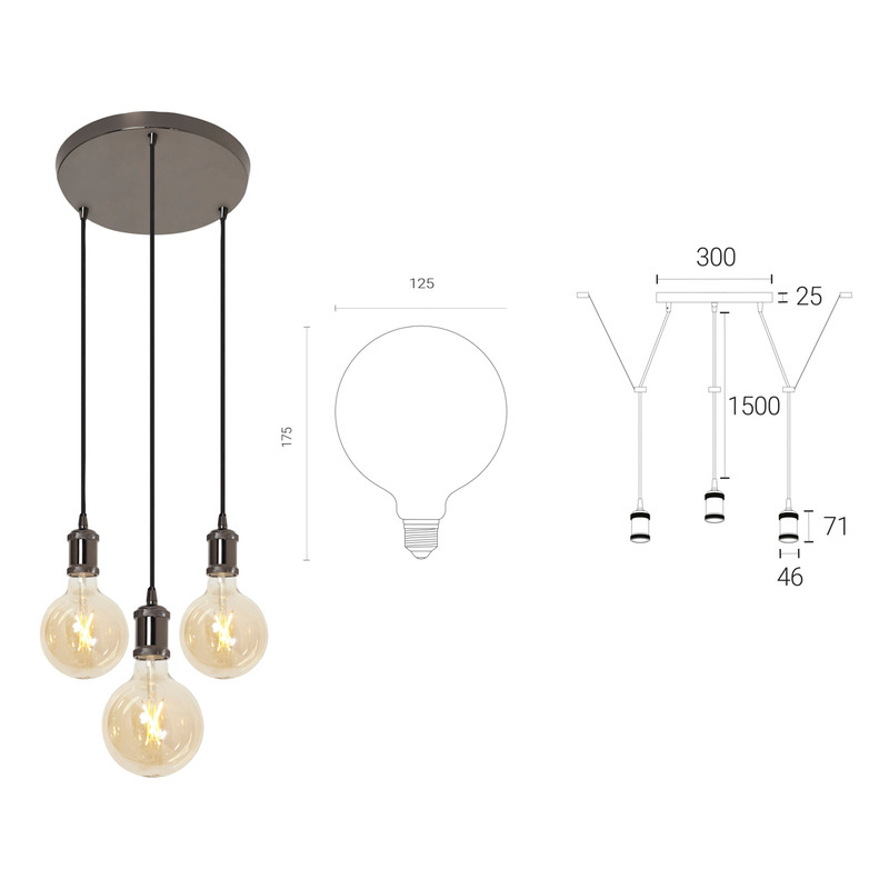 4lite WiZ Connected Decorative 3 Way Circular Pendant Blackened Silver with 3 x 6.5W WiFi Smart LED Globe Warm to Cool White 725lm