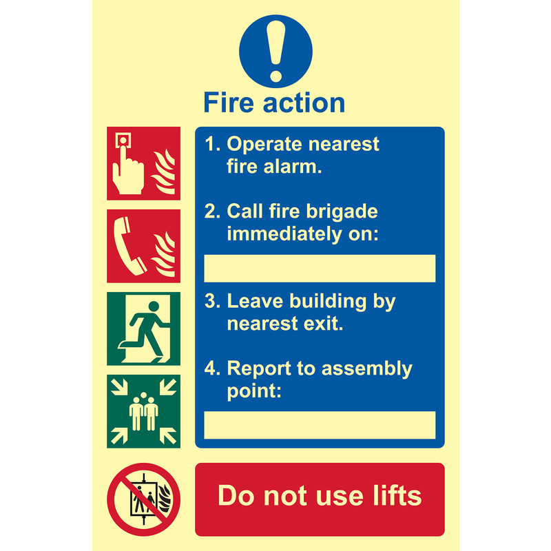 Photoluminescent Fire Action Procedure Sign Text and Images