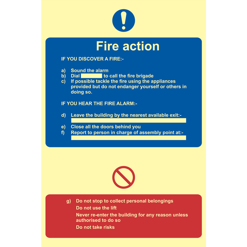 Photoluminescent Fire Action Procedure Sign Text Only