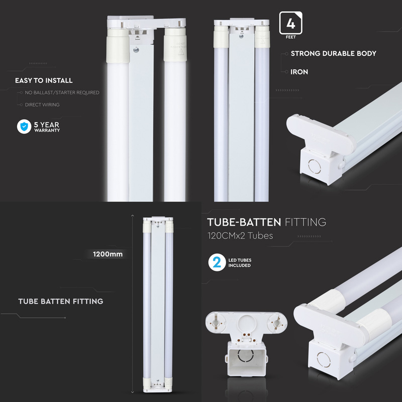 V-TAC LED Batten c/w Tubes IP20 Twin 18W 1200mm 3400lm