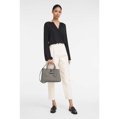Grey Women's Longchamp Roseau M Leather Top-handle Bags | 1603825-SH