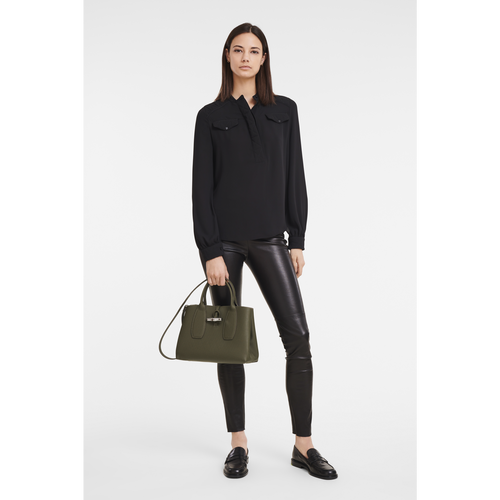 Green Women's Longchamp Roseau M Leather Top-handle Bags | 7092638-ZH