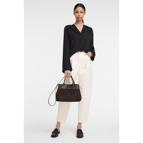 Brown Women's Longchamp Roseau M Leather Top-handle Bags | 2163804-FU