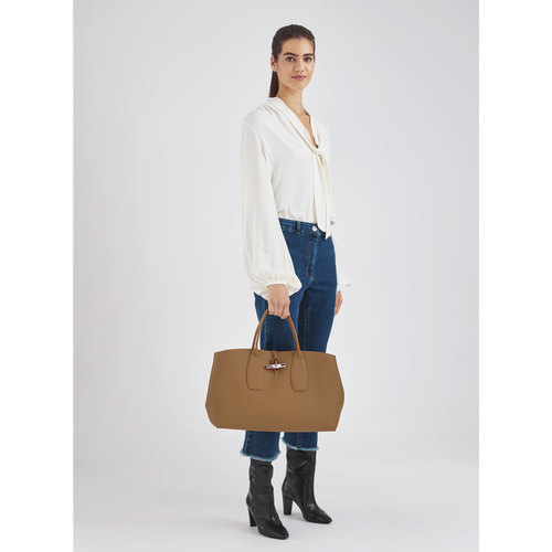 Beige Women's Longchamp Roseau L Leather Top-handle Bags | 5698741-XY