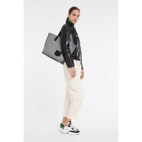 Grey Women's Longchamp Roseau Essential L Canvas Shoulder Bags | 1026943-YR