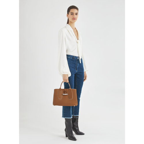 Brown Women's Longchamp Roseau M Leather Top-handle Bags | 7804196-RH