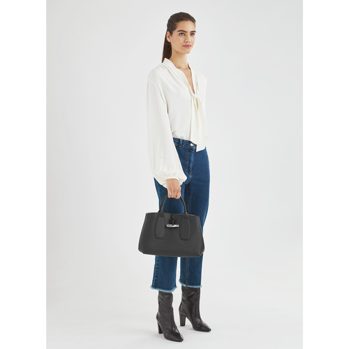 Black Women's Longchamp Roseau M Leather Top-handle Bags | 2930761-VS