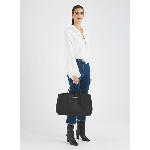 Black Women's Longchamp Roseau L Leather Top-handle Bags | 6107453-DS