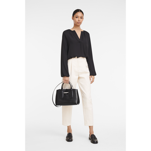 Black Women's Longchamp Roseau M Leather Top-handle Bags | 9570684-UK
