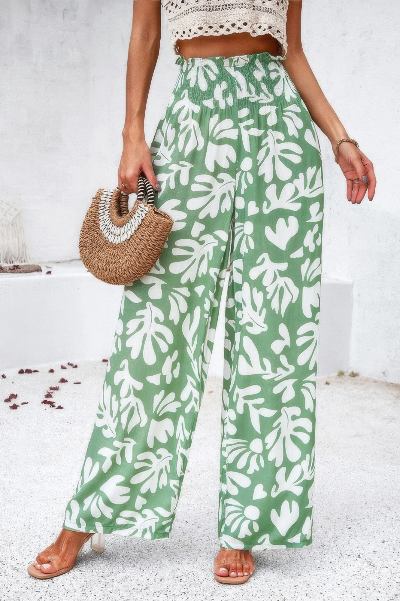 Allover Print Folded Frill Wide Leg High Waist Pant - WSBYTLP