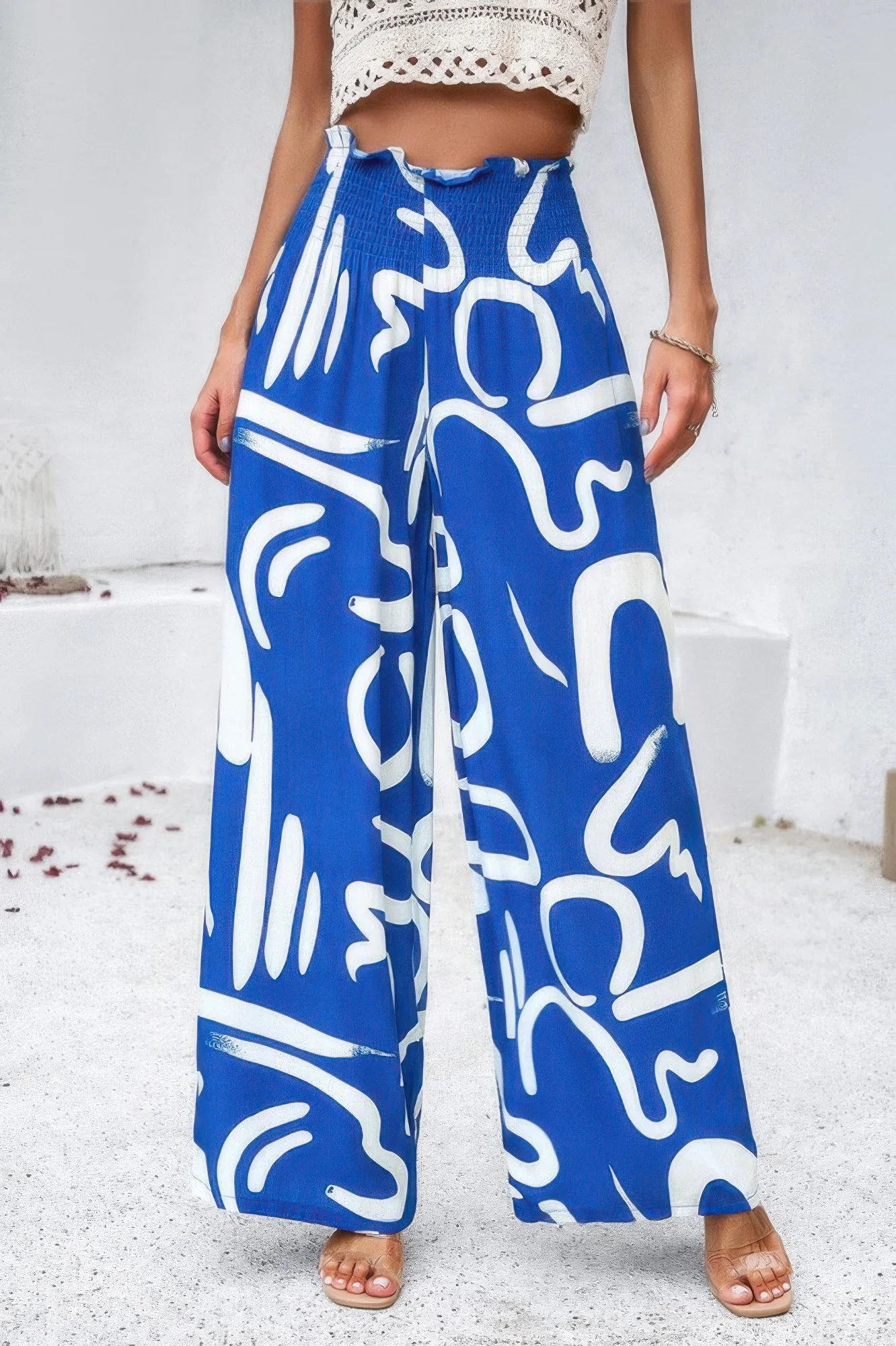 Allover Print Folded Frill Wide Leg High Waist Pant - WSBYTLP