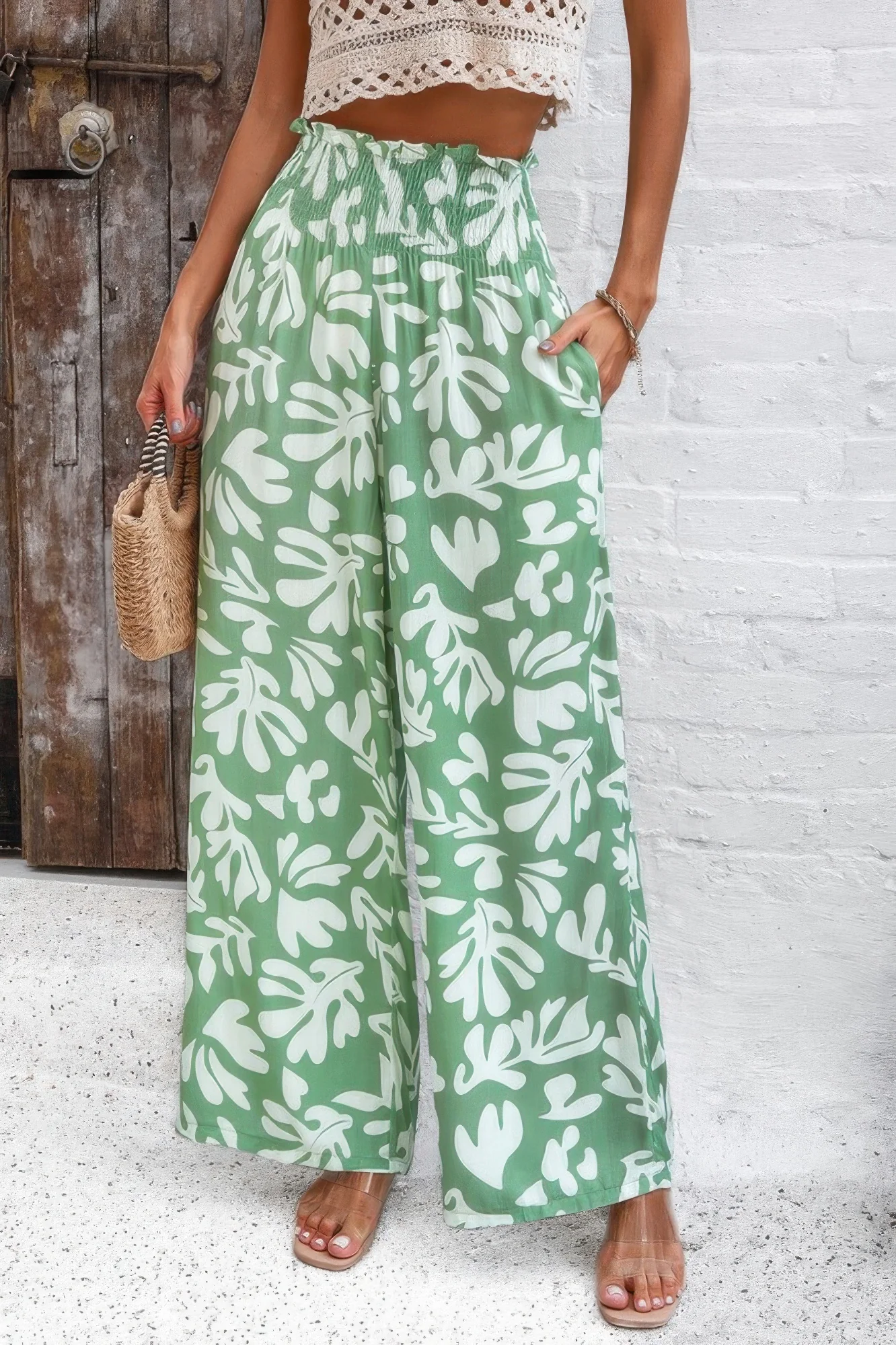 Allover Print Folded Frill Wide Leg High Waist Pant - WSBYTLP
