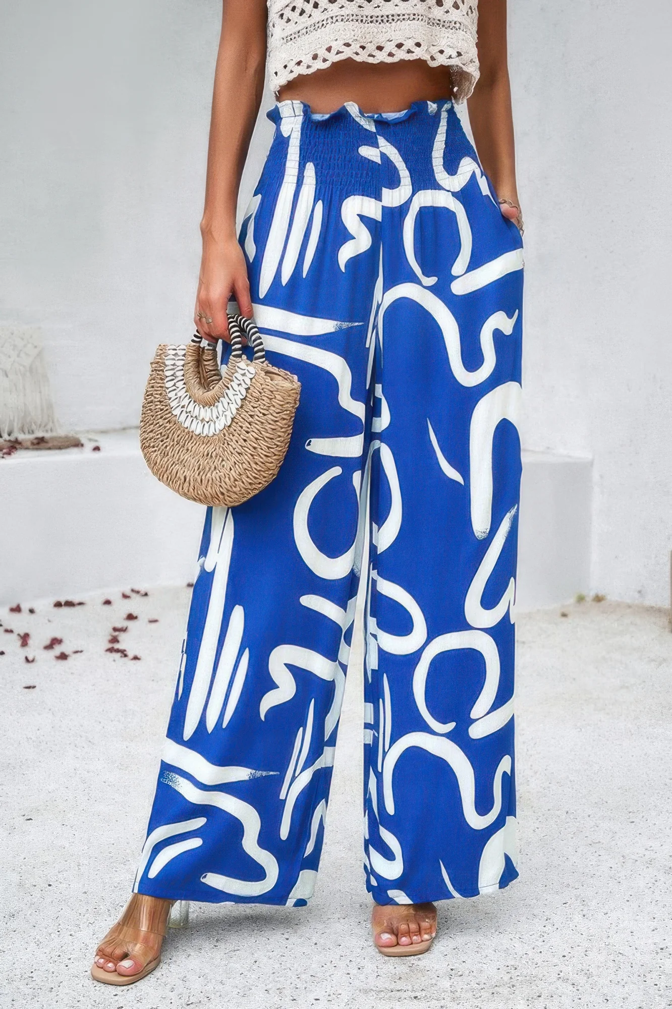 Allover Print Folded Frill Wide Leg High Waist Pant - WSBYTLP