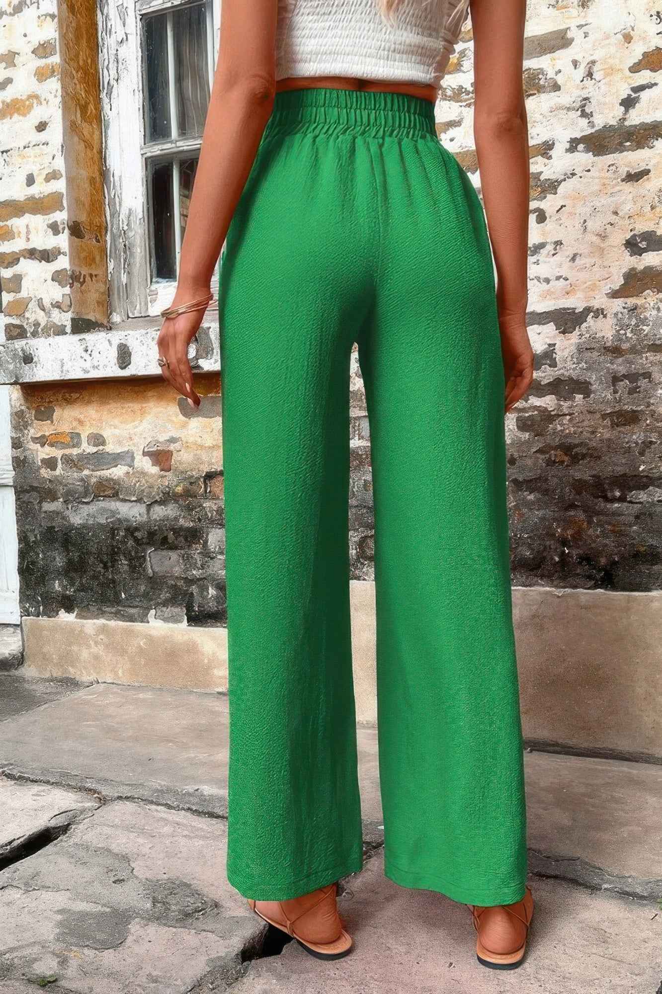 Solid Elegant Wide Leg Drawstring Waist Pockets Pant - WSBYTLP