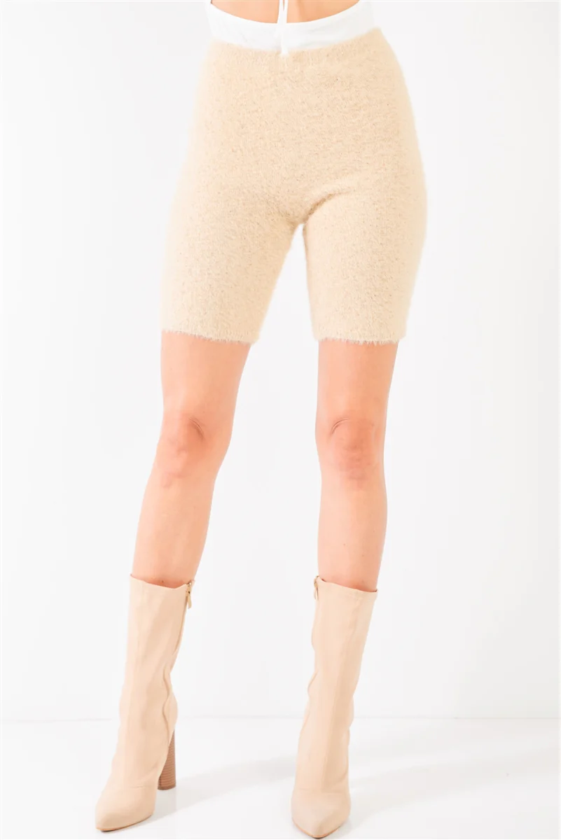 Oatmeal Beige Knit High Waist Stretchy Warm Fuzzy Biker Shorts - WSBYTLP
