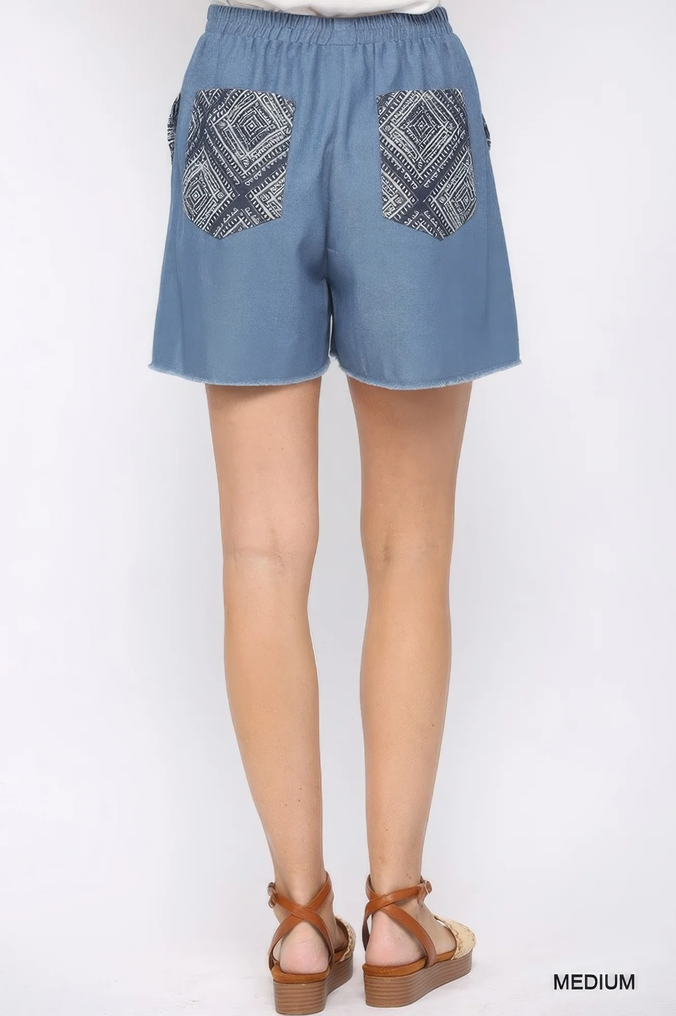 Denim And Print Pockets Elastic Waist Shorts With Raw Hem - WSBYTLP