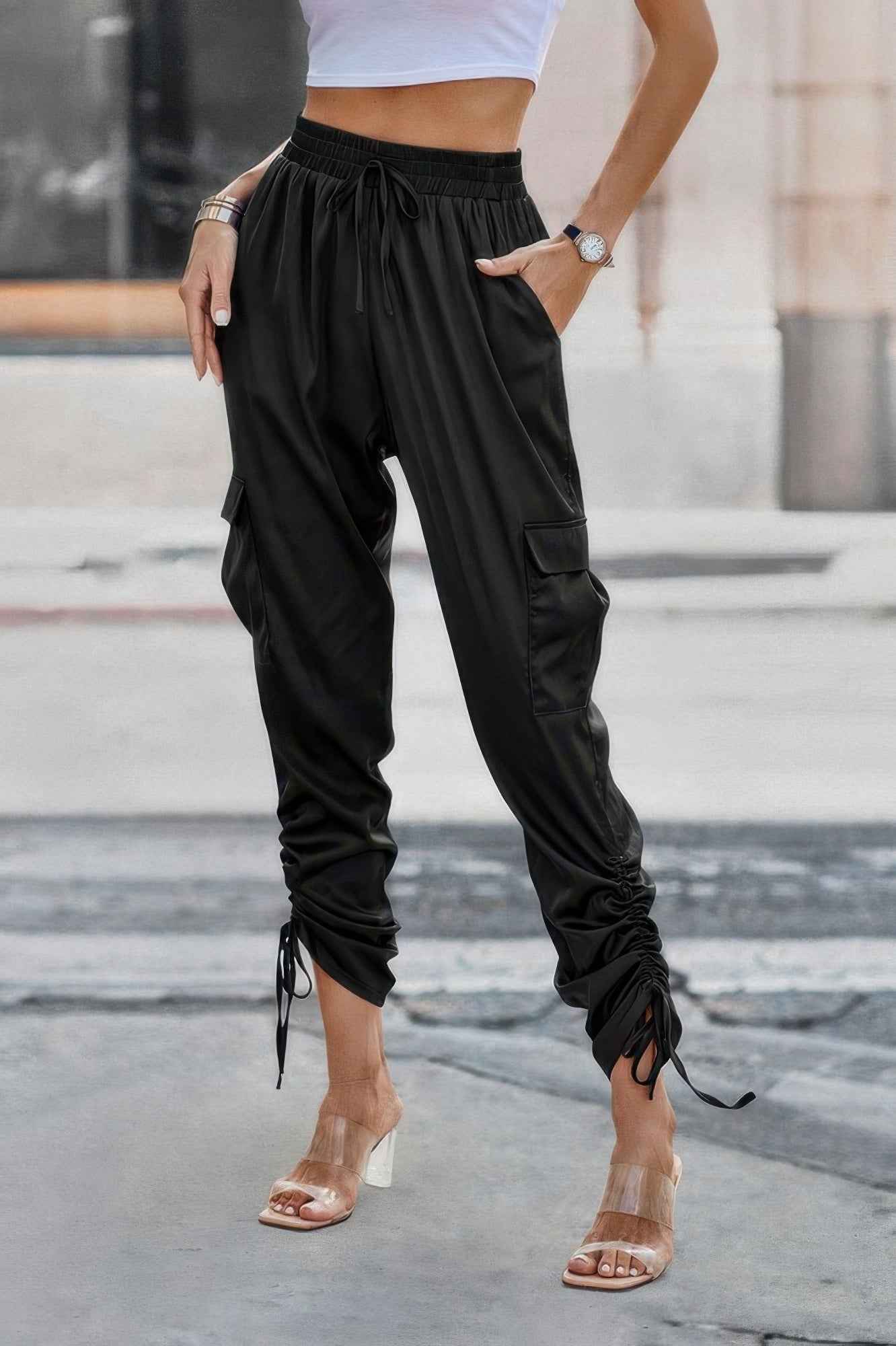 Solid Drawstring Hem Flap Pocket Side Stacked Pant - WSBYTLP