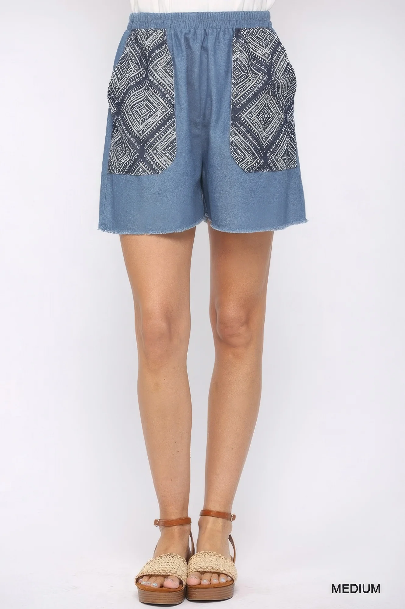 Denim And Print Pockets Elastic Waist Shorts With Raw Hem - WSBYTLP