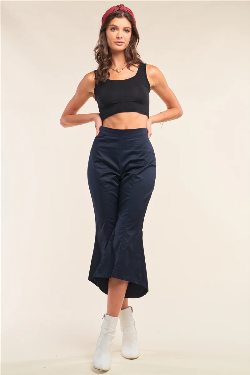Navy Solid High Waisted Retro Bell Bottom Flare Pants - WSBYTLP