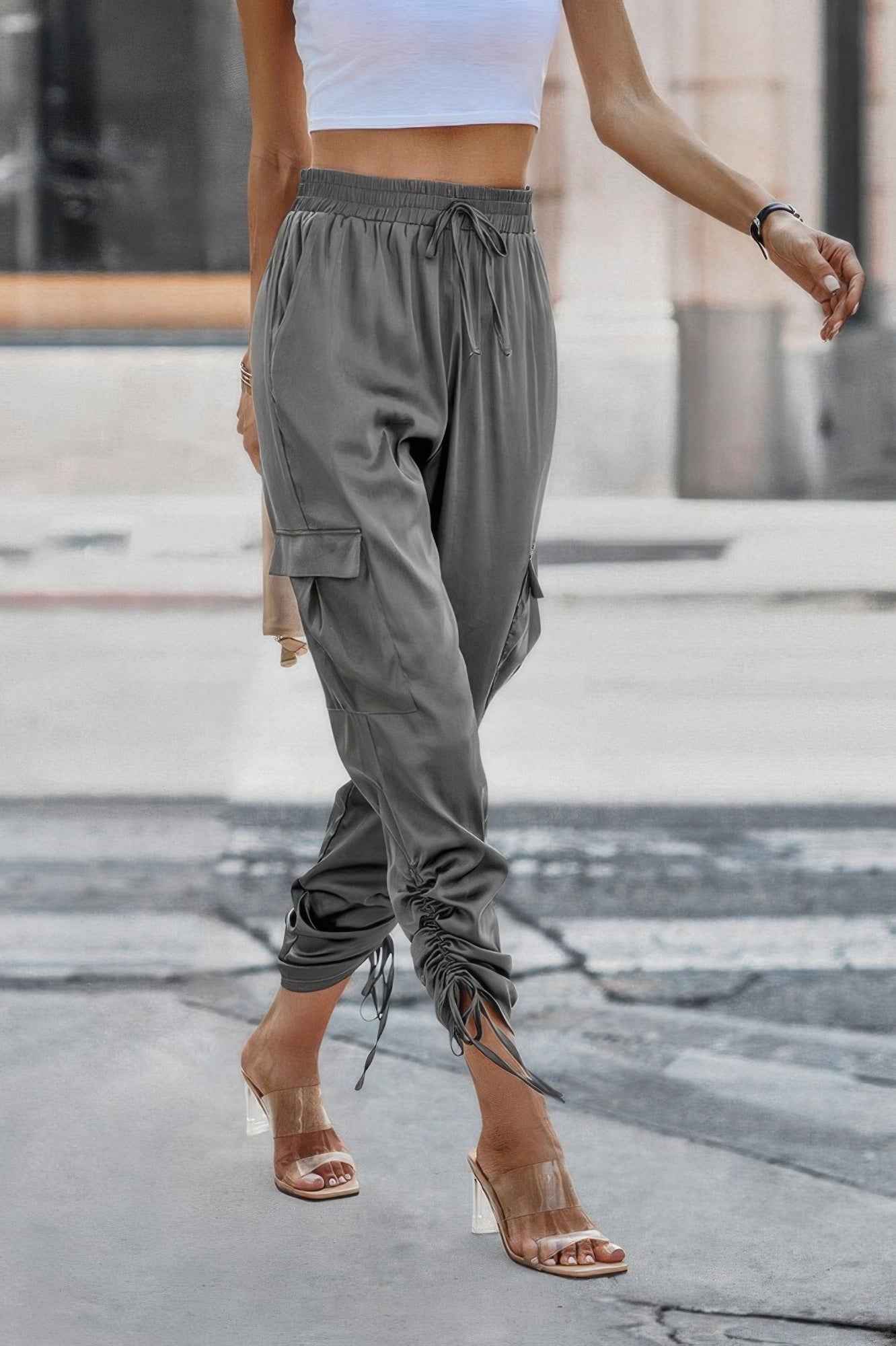 Solid Drawstring Hem Flap Pocket Side Stacked Pant - WSBYTLP