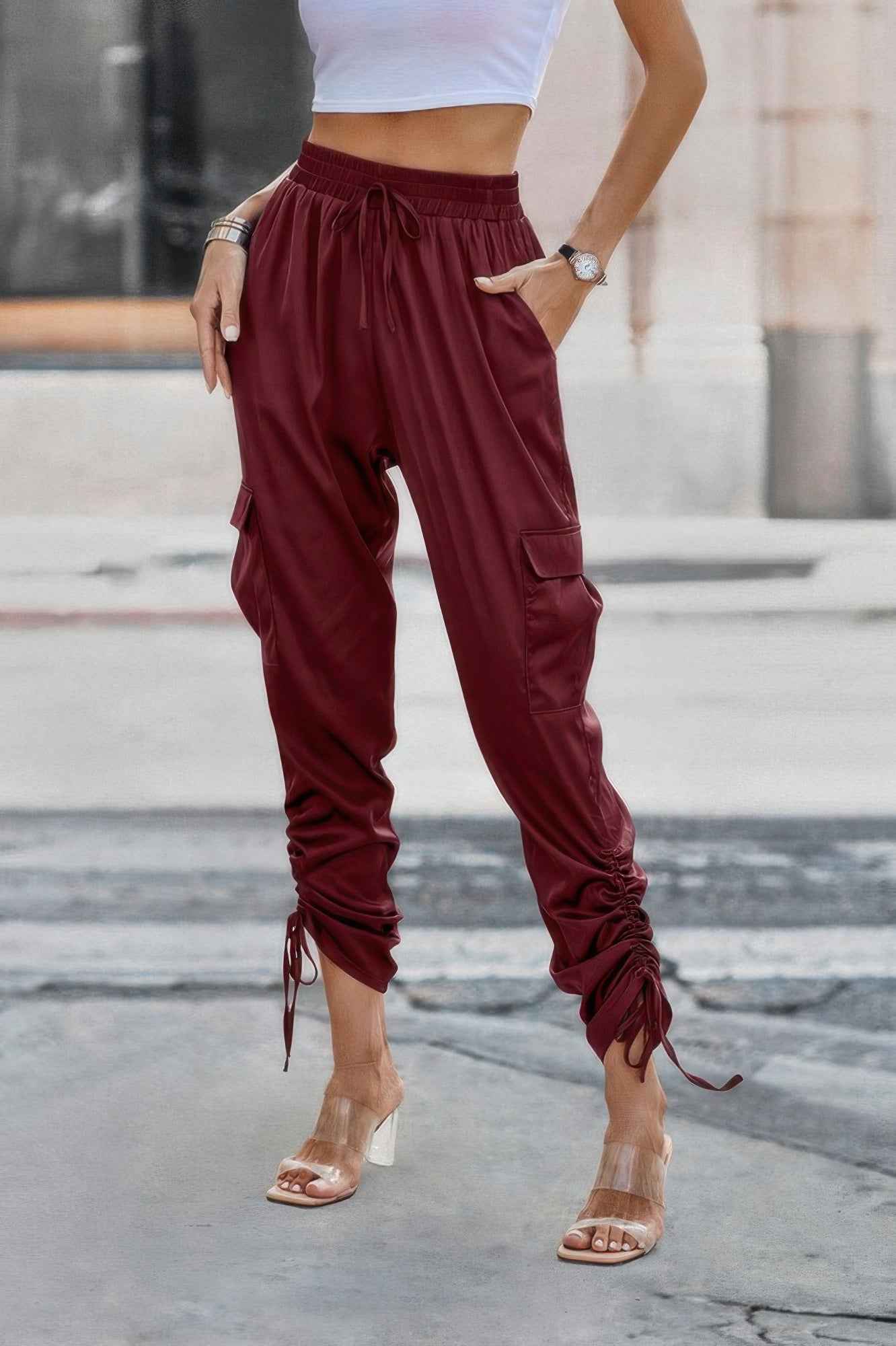 Solid Drawstring Hem Flap Pocket Side Stacked Pant - WSBYTLP