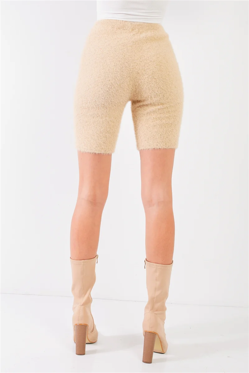 Oatmeal Beige Knit High Waist Stretchy Warm Fuzzy Biker Shorts - WSBYTLP