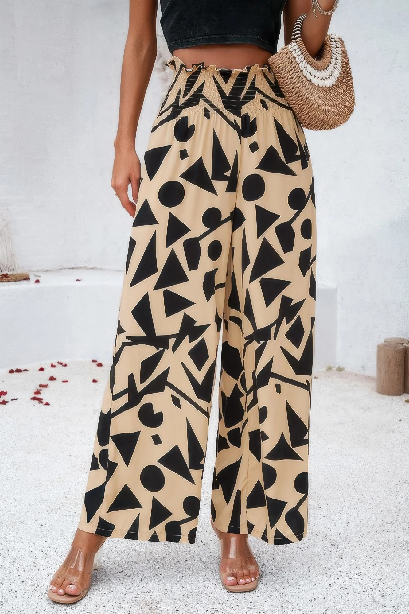 Allover Print Folded Frill Wide Leg High Waist Pant - WSBYTLP