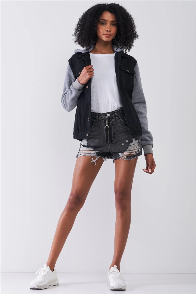 Ripped High-waist Front Zip-up Raw Hem Detail Distressed Mini Shorts - WSBYTLP