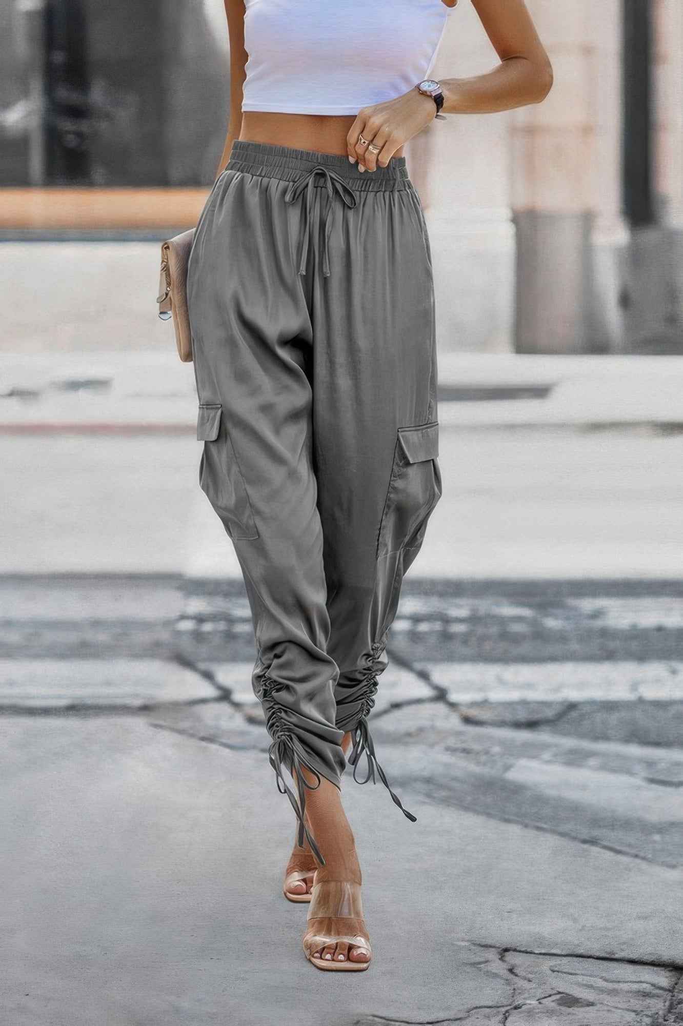 Solid Drawstring Hem Flap Pocket Side Stacked Pant - WSBYTLP