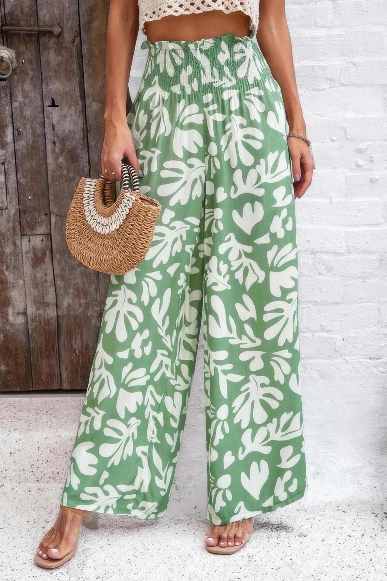 Allover Print Folded Frill Wide Leg High Waist Pant - WSBYTLP