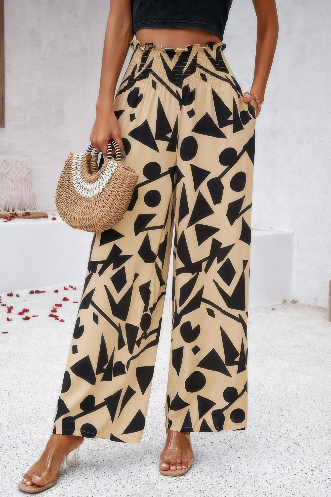 Allover Print Folded Frill Wide Leg High Waist Pant - WSBYTLP