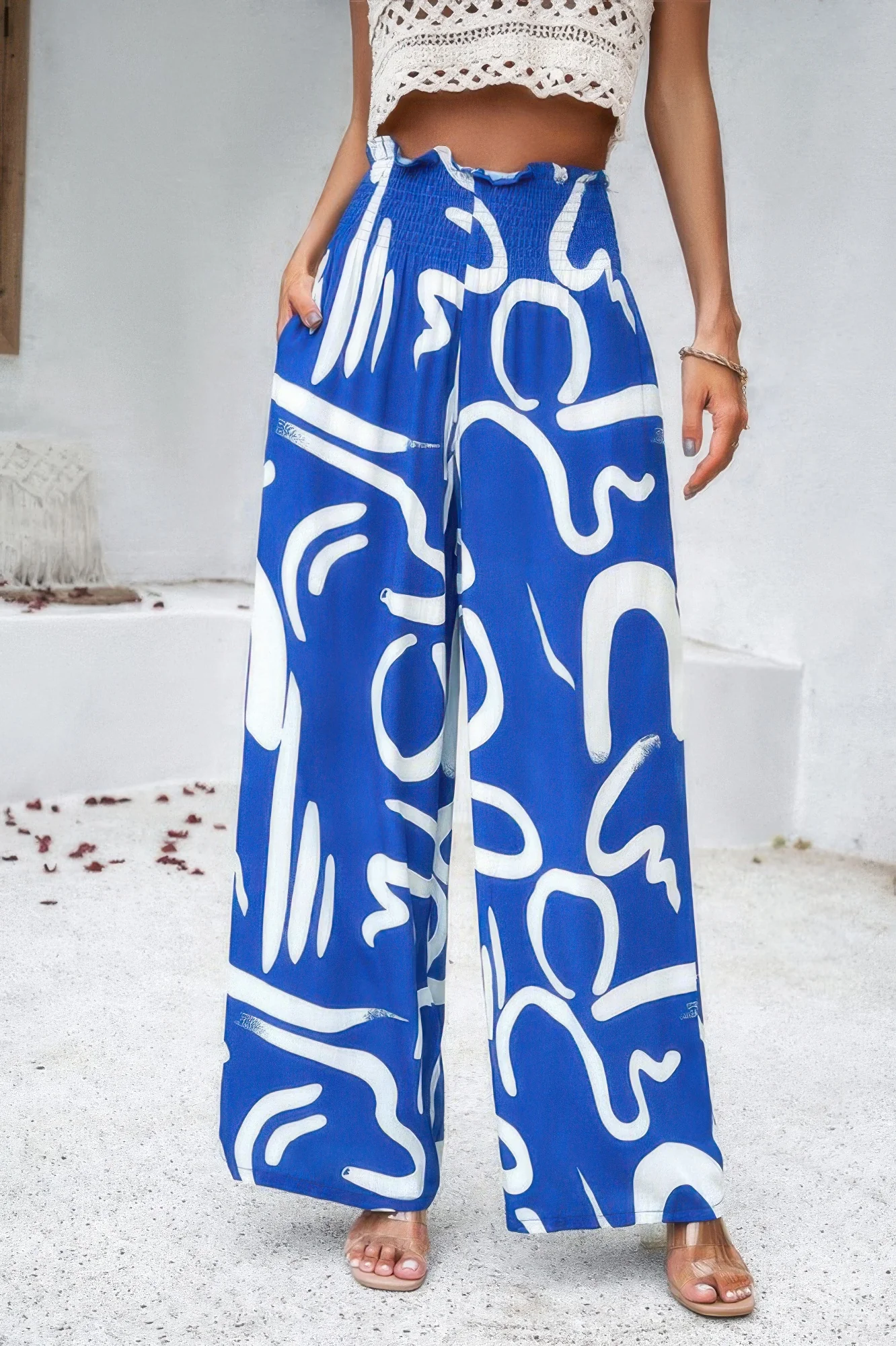 Allover Print Folded Frill Wide Leg High Waist Pant - WSBYTLP