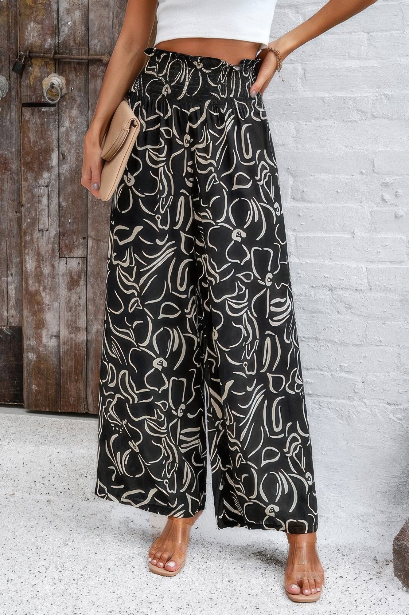Allover Print Folded Frill Wide Leg High Waist Pant - WSBYTLP