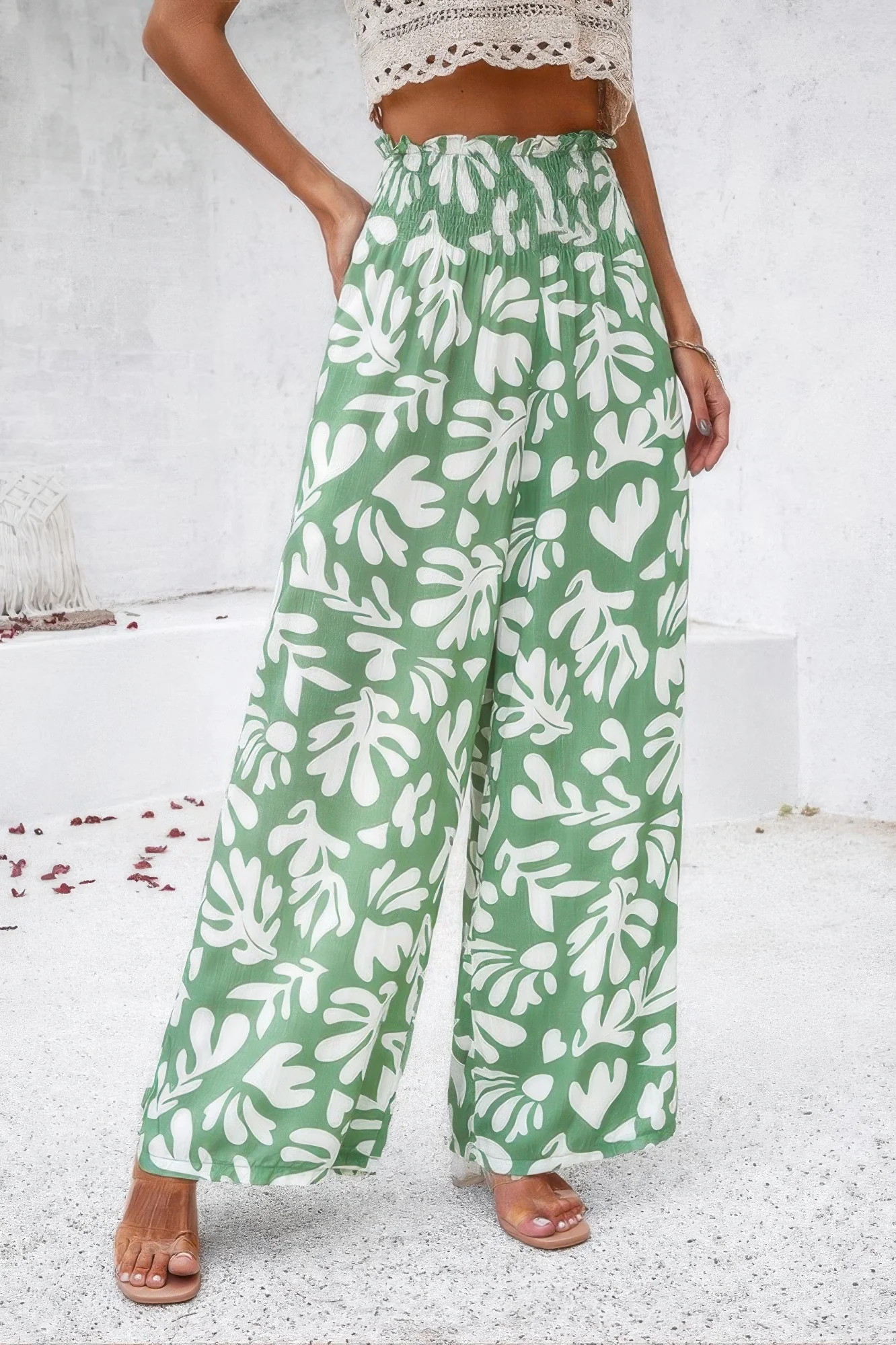 Allover Print Folded Frill Wide Leg High Waist Pant - WSBYTLP