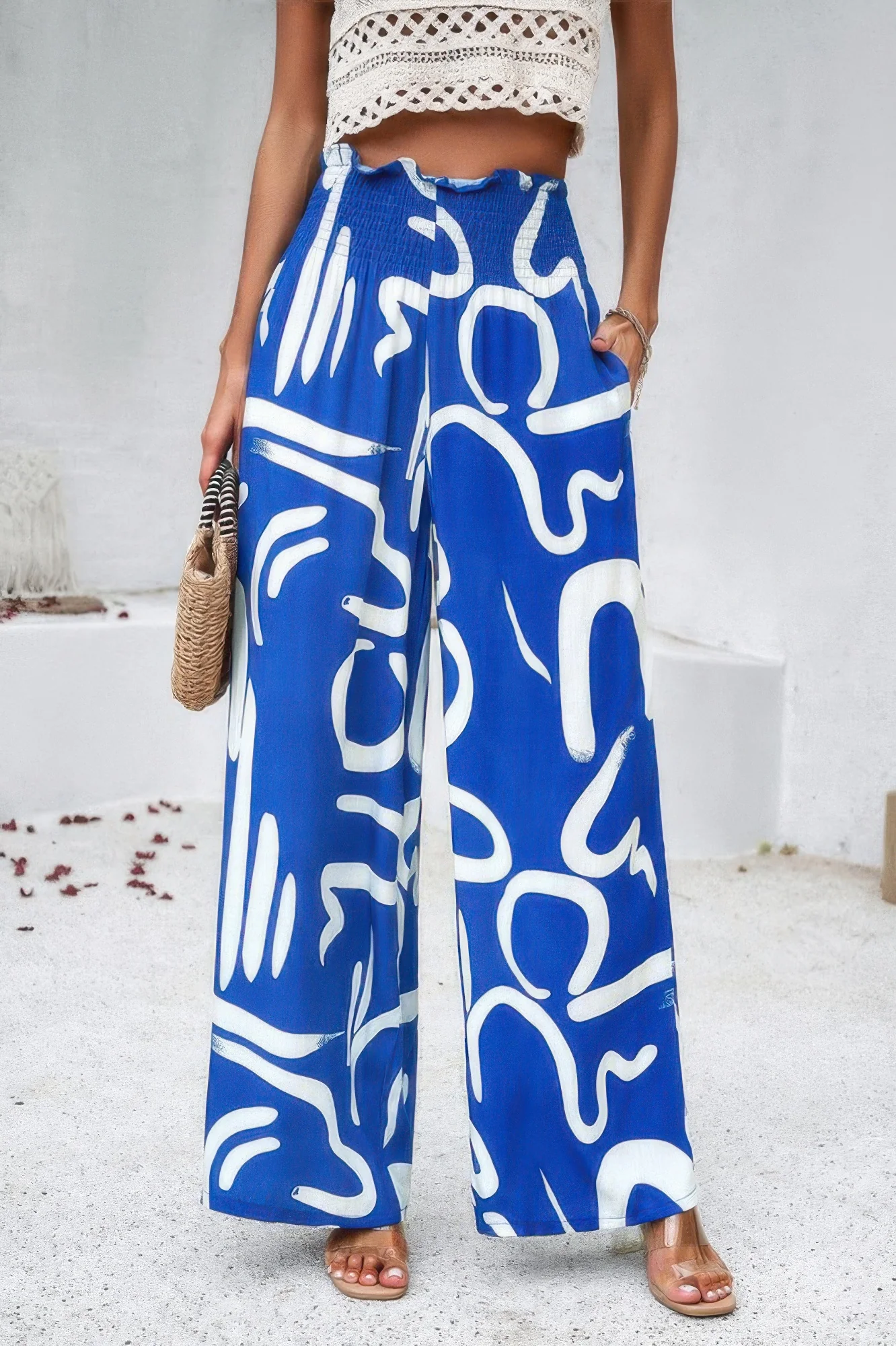 Allover Print Folded Frill Wide Leg High Waist Pant - WSBYTLP