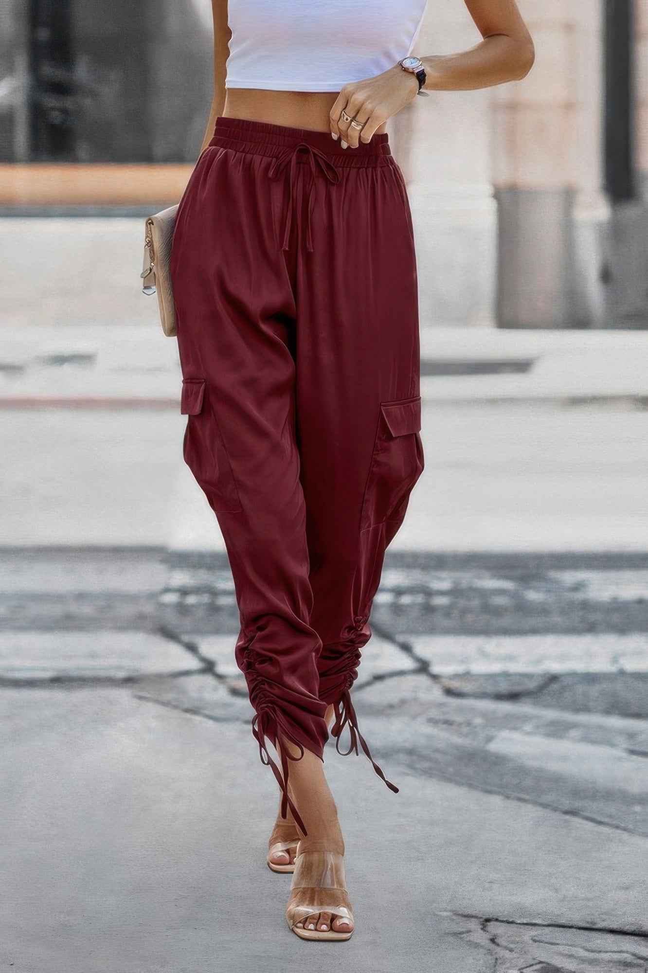 Solid Drawstring Hem Flap Pocket Side Stacked Pant - WSBYTLP