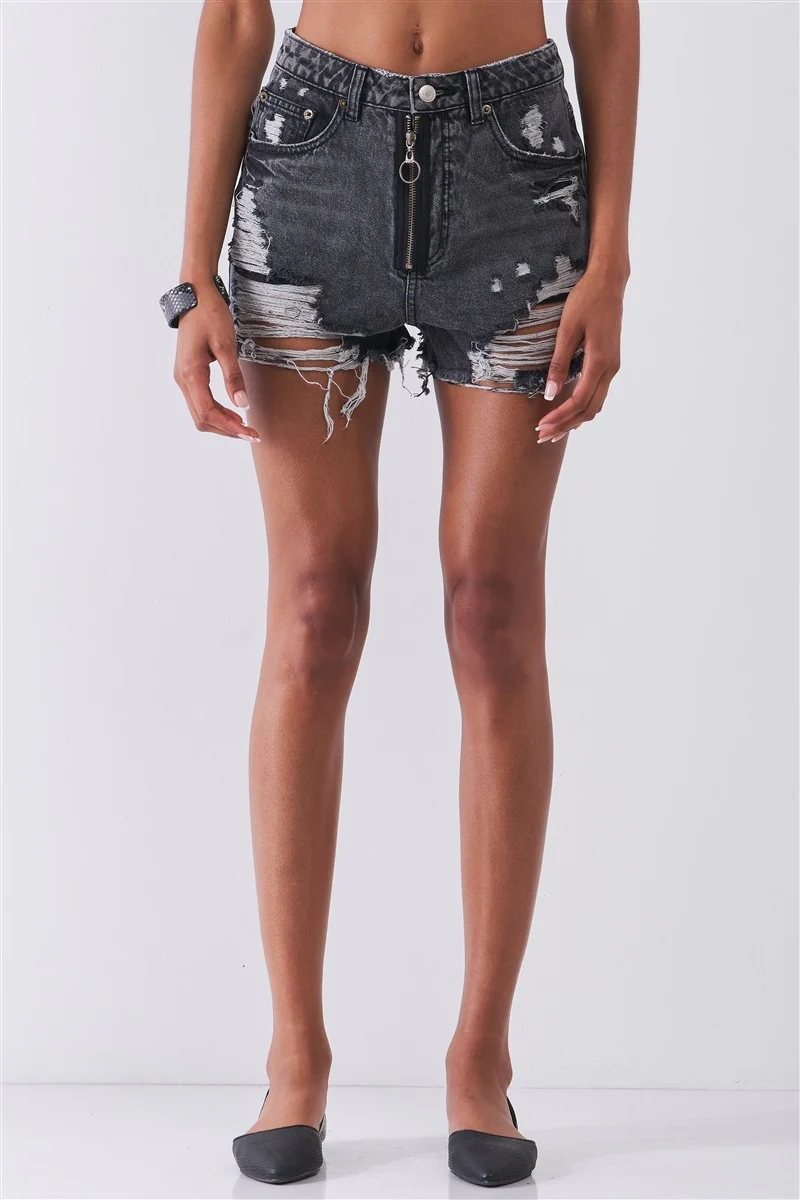 Ripped High-waist Front Zip-up Raw Hem Detail Distressed Mini Shorts - WSBYTLP