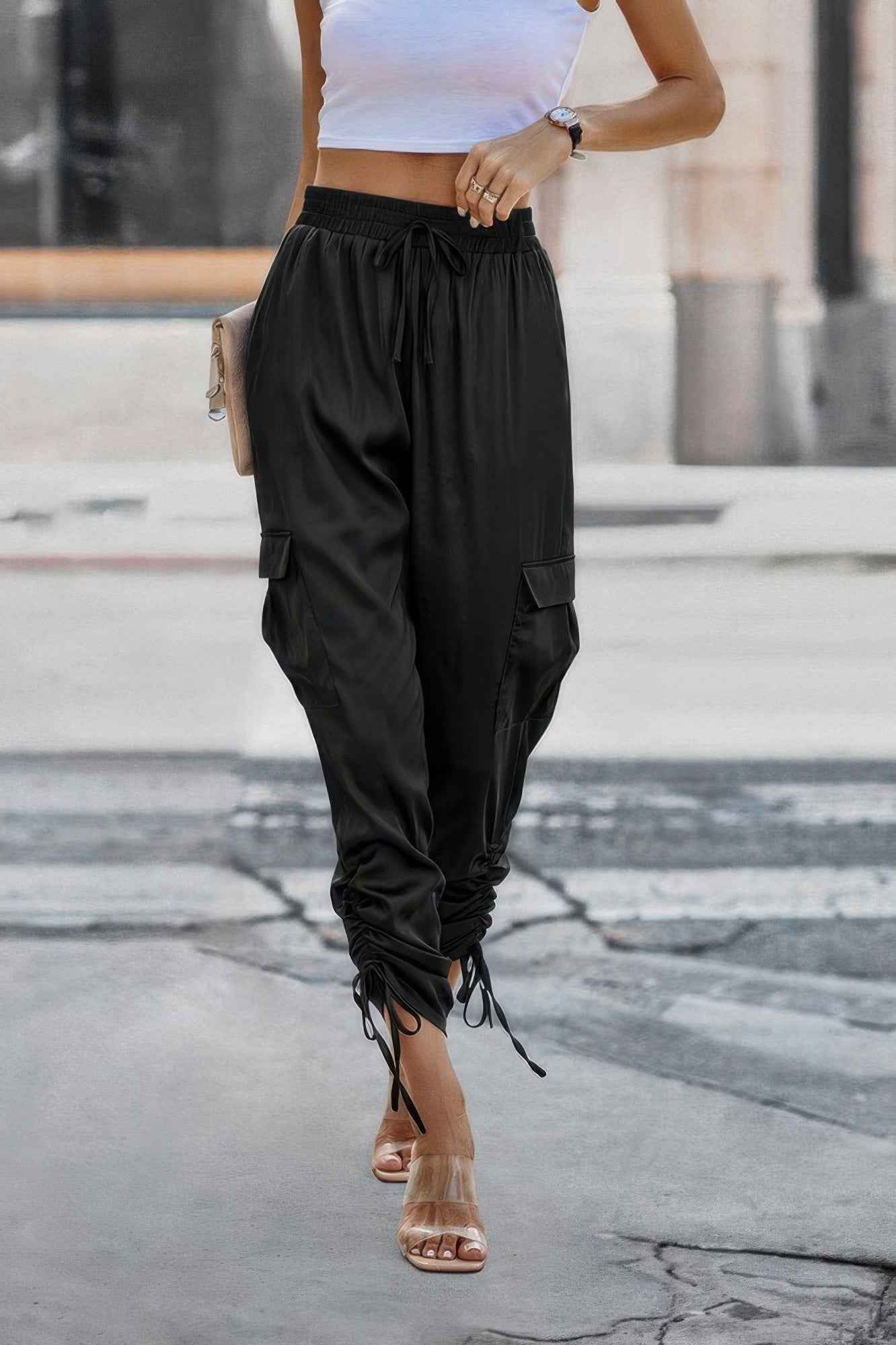 Solid Drawstring Hem Flap Pocket Side Stacked Pant - WSBYTLP