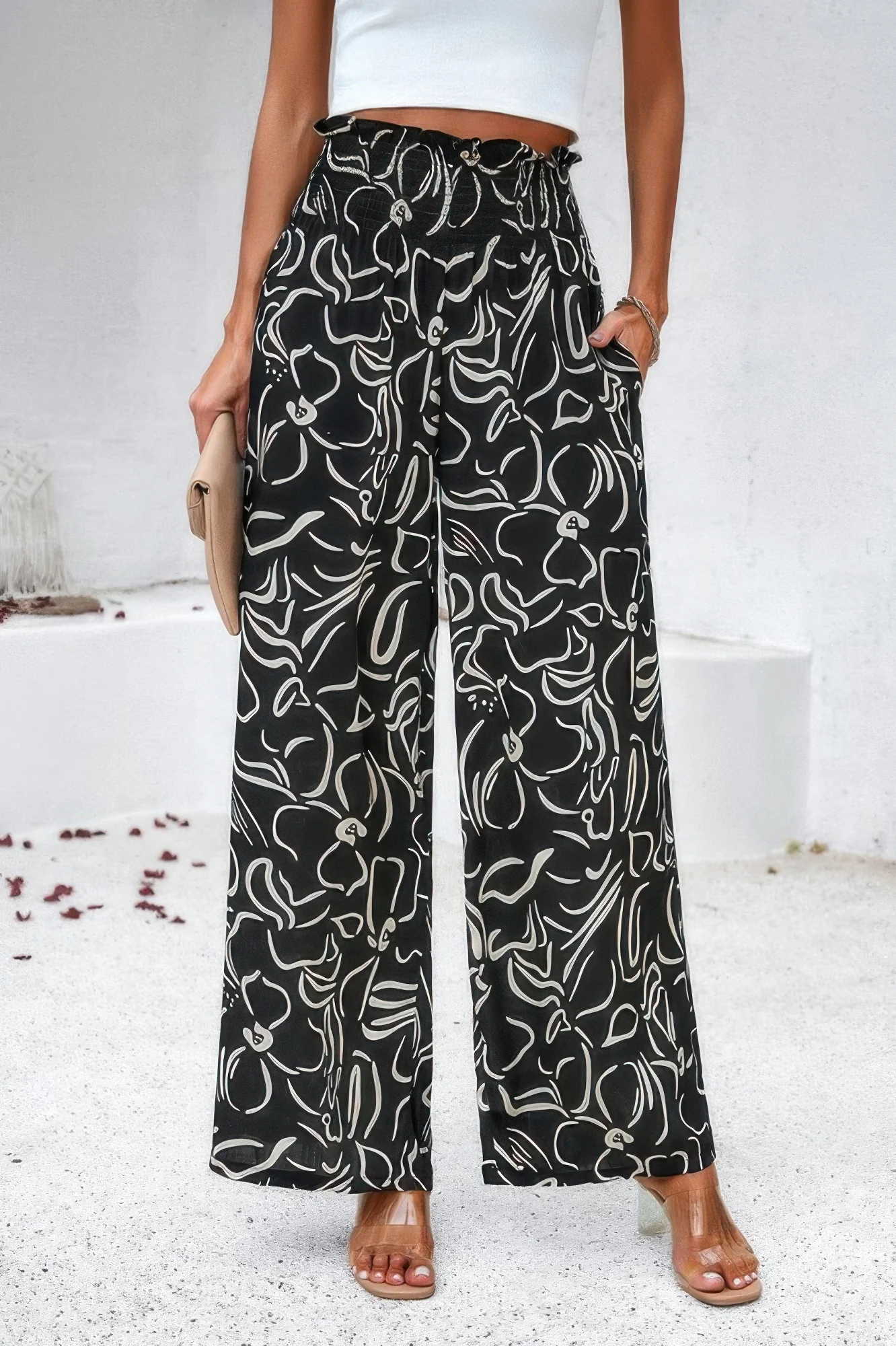 Allover Print Folded Frill Wide Leg High Waist Pant - WSBYTLP