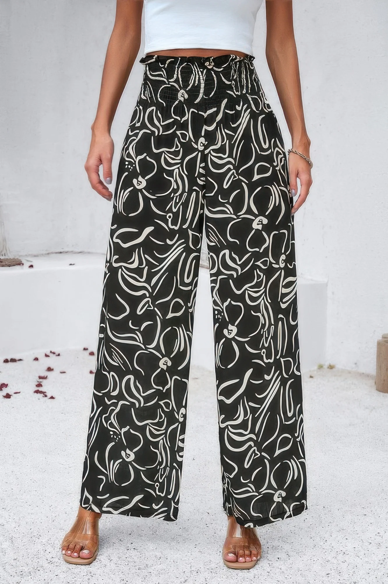 Allover Print Folded Frill Wide Leg High Waist Pant - WSBYTLP