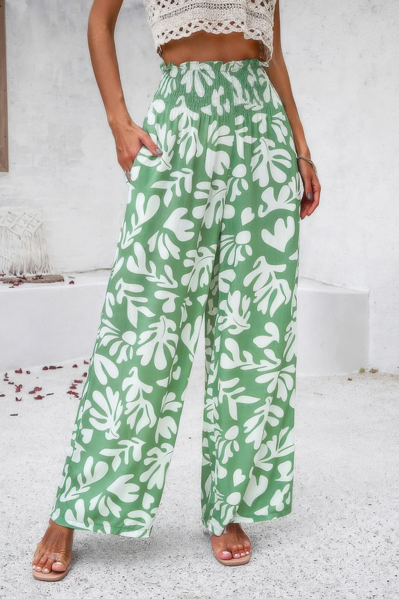 Allover Print Folded Frill Wide Leg High Waist Pant - WSBYTLP