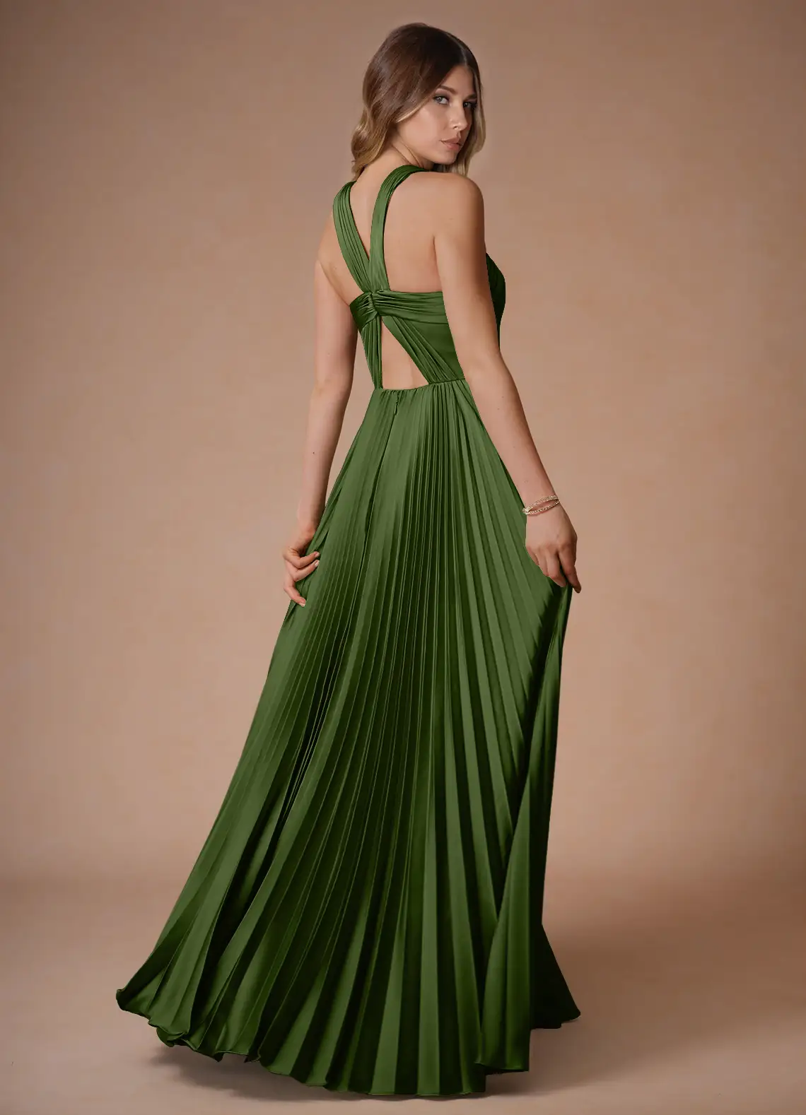 Afra Olive Green A-Line Pleated Stretch Satin Dress  Dress - WSBYTLP