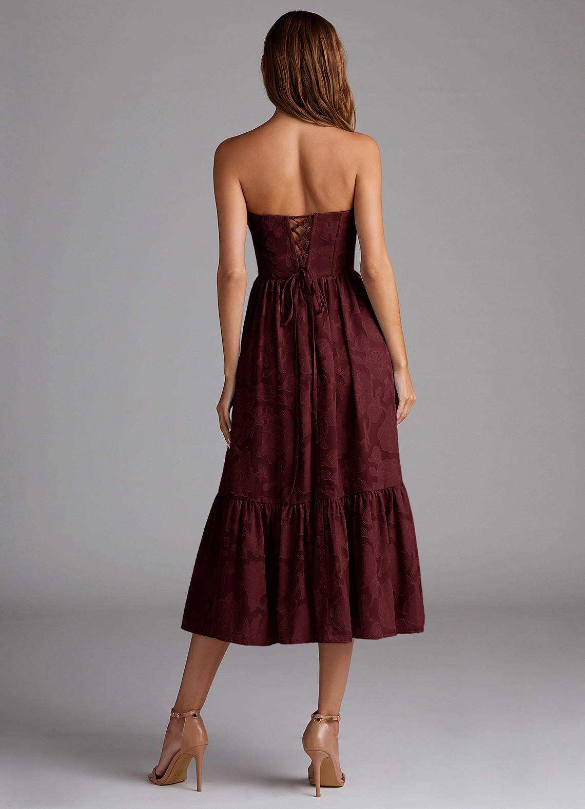Delphina Wine Lace-Up Back Midi Dress  Dress - WSBYTLP
