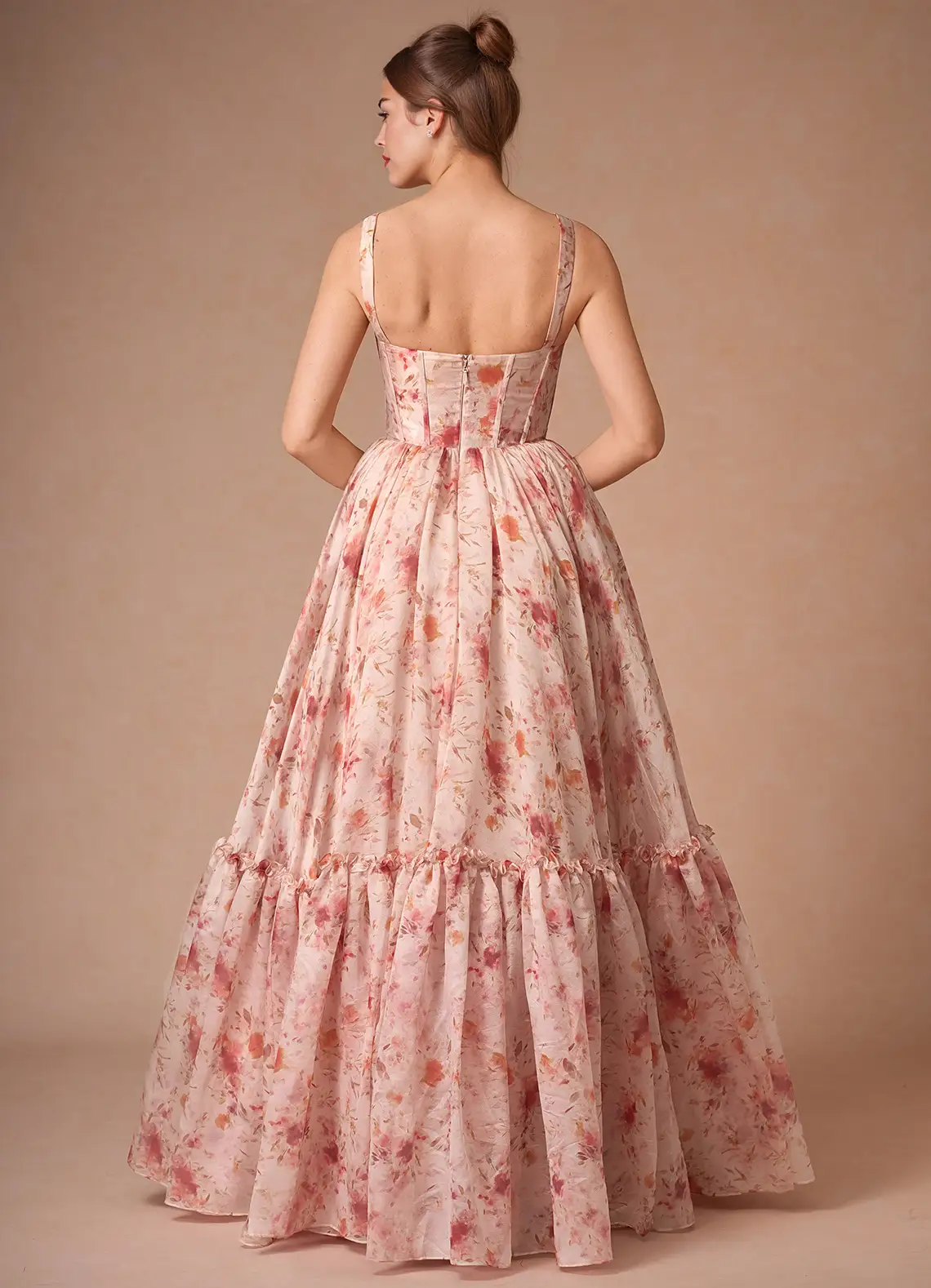 Halame Apricot Multi Sleeveless Floral A-Line Gown  Dress - WSBYTLP