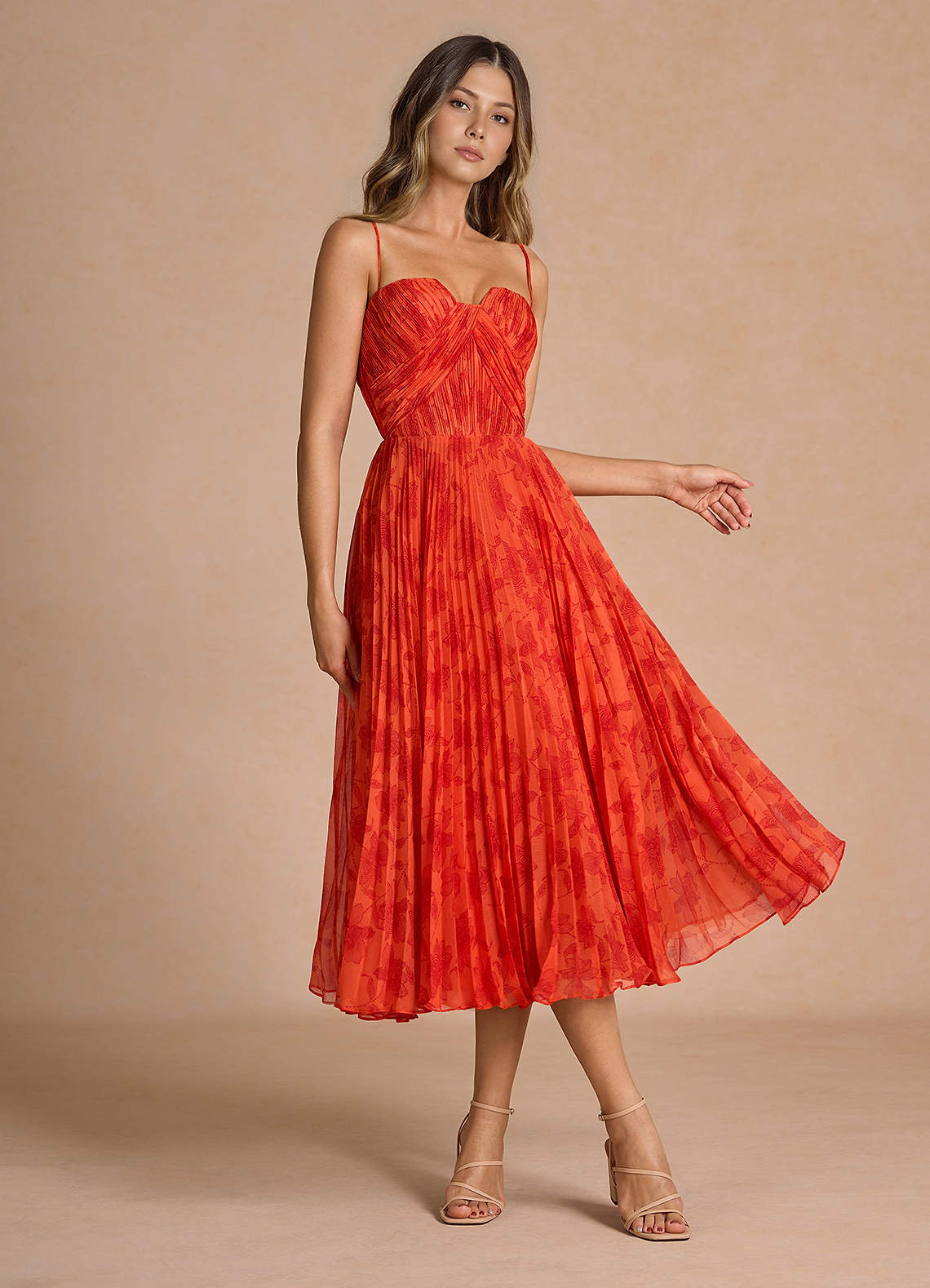 Lyanna Tangerine Pleated Midi Dress  Dress - WSBYTLP