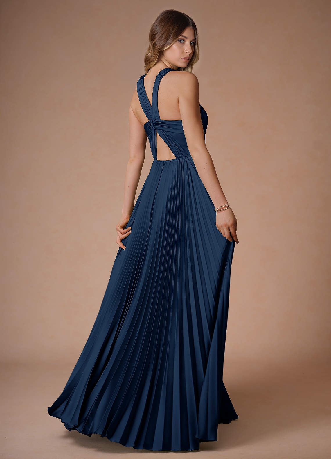 Afra Navy A-Line Pleated Stretch Satin Dress  Dress - WSBYTLP