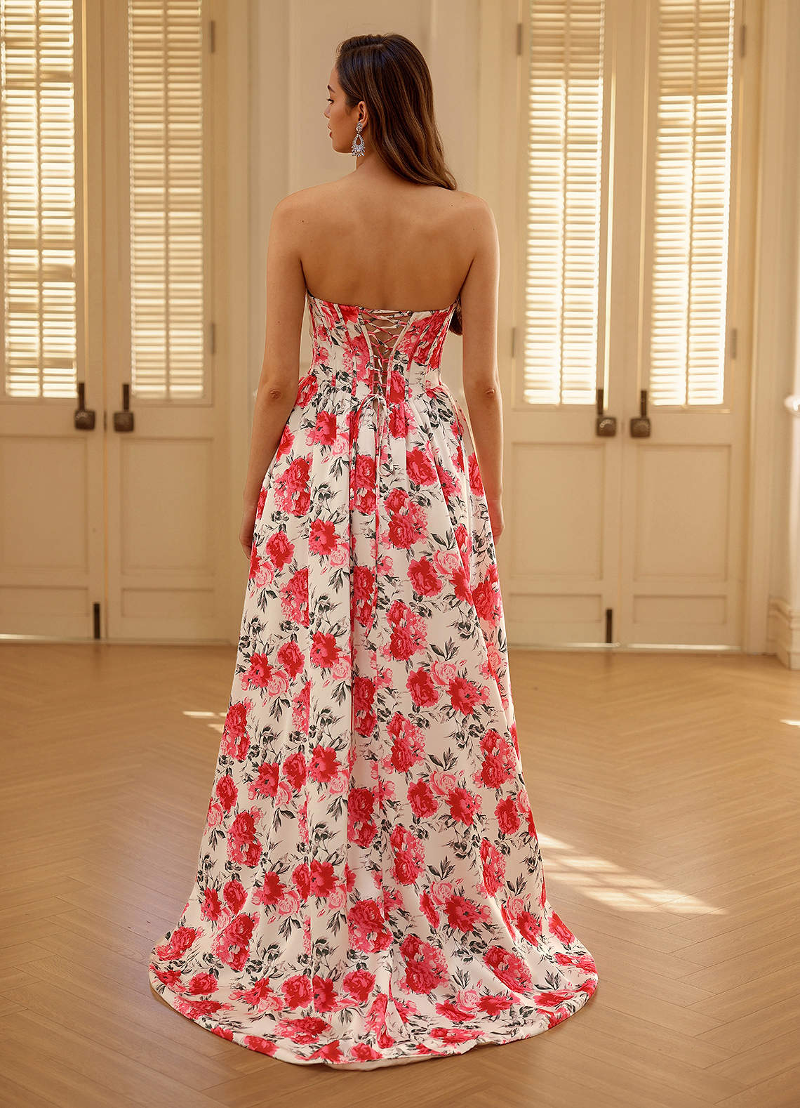 Faeva Red Foral Printed A-Line Prom Dress  Dress - WSBYTLP