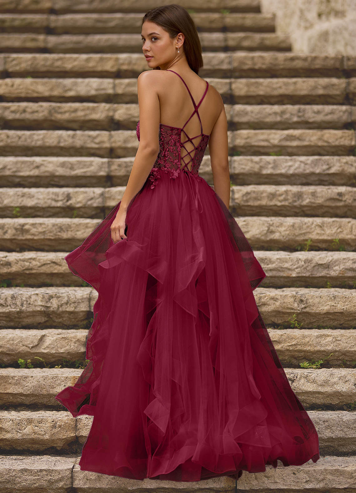 Mosaic Burgundy Ruffle Prom Dress  Dress - WSBYTLP