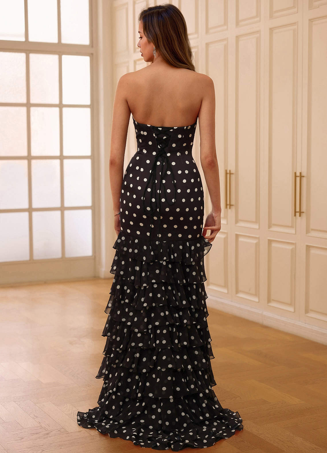 Rondae Black White Polka-Dot Printed Mermaid Prom Dress  Dress - WSBYTLP