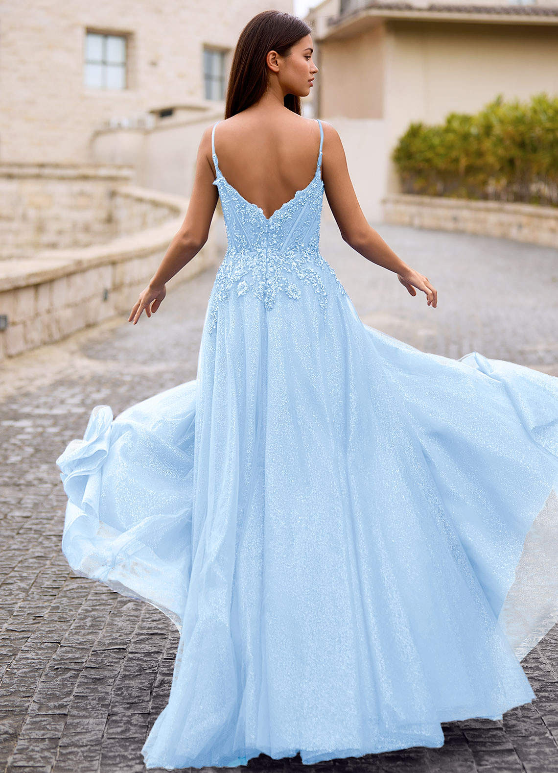Veila Sky Blue Applique Tulle Prom Dress  Dress - WSBYTLP